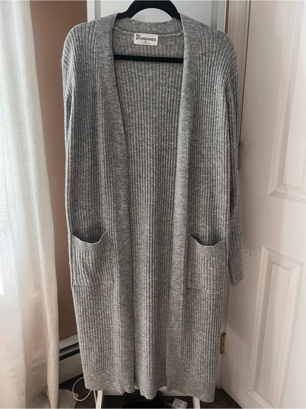 No Boundaries Light Gray Ribbed Open-Front Long Cardigan